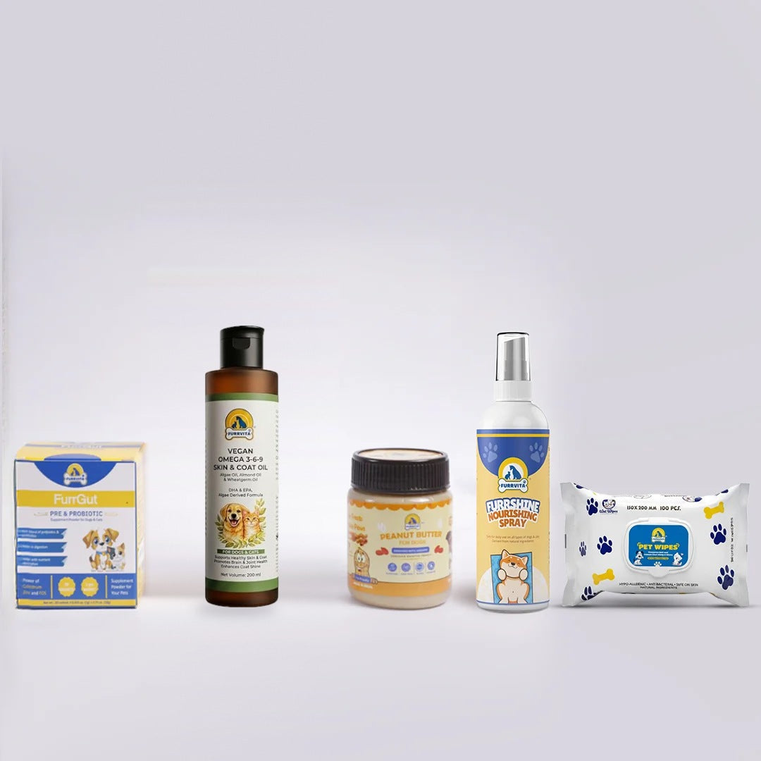 Furrvita Wellness Bundle: FurrGut pre & probiotic, Vegan Omega 3-6-9 Oil, peanut butter, FurrShine spray and pet wipes
